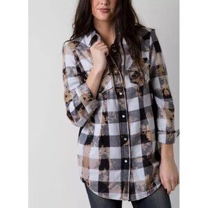JAK Pearl Snap Plaid Button Down Shirt Distressed Boho Grunge Sz M